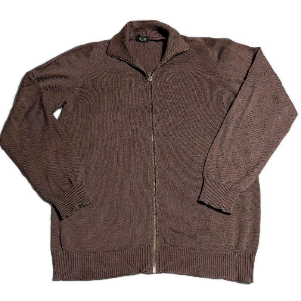 A.P.C. Full Zip Knit Sweater‎ Cardigan Mens Large Brown Mock Neck Cotton
